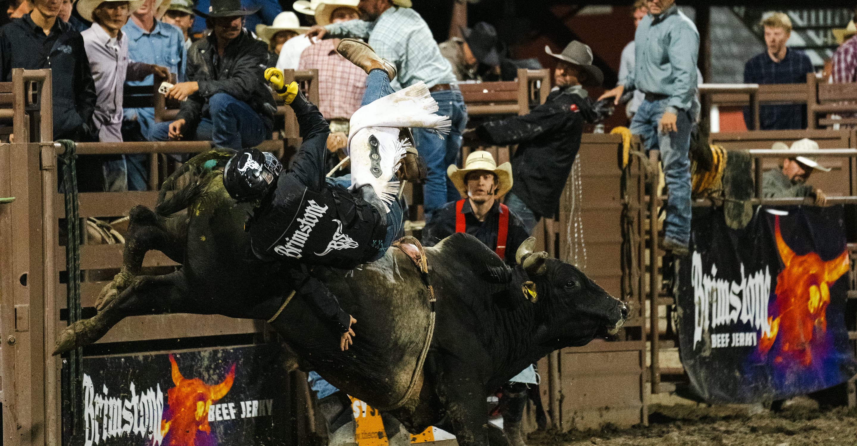 A bull rider thrown mid-air past Brimstone Beef Jerky banners at the 2026 Brimstone Rodeo